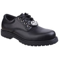 A black leather shoe with a rounded toe features sturdy laces and a rugged sole designed for durability in work-related environments against wear and tear.