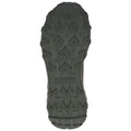 A textured shoe sole featuring a rugged tread pattern is positioned upward showing its grip design indicating suitability for outdoor activities and providing traction on various surfaces.