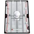 Putting training aid featuring a white golf ball on a flat surface with alignment markings and small obstacles indicating paths for practice aimed at improving golf putting skills.