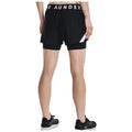 Black athletic shorts are worn by a person standing with their back to the viewer showcasing a fitted design and a branded elastic waistband with a striped accent on the side.