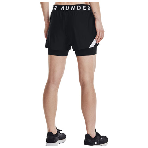 Black athletic shorts are worn by a person standing with their back to the viewer showcasing a fitted design and a branded elastic waistband with a striped accent on the side.