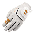 A white golf glove with perforations is positioned flat showing its palm side The glove features orange and black accents with branding visible on the wrist area