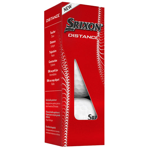 A red box displays two visible white golf balls marked "Srixon." It highlights features like distance and construction with text describing performance in various areas.