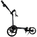 A three-wheeled golf push cart stands upright equipped with a handle and brakes designed to transport golf clubs and gear on a course, featuring a sleek black frame and large wheels.