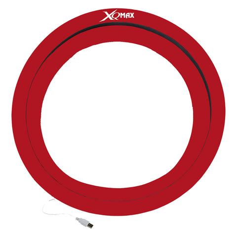 A red circular LED ring light sits flat with a USB cable attached showcasing a dual-layer design for even lighting ideal for photography or videography setups.