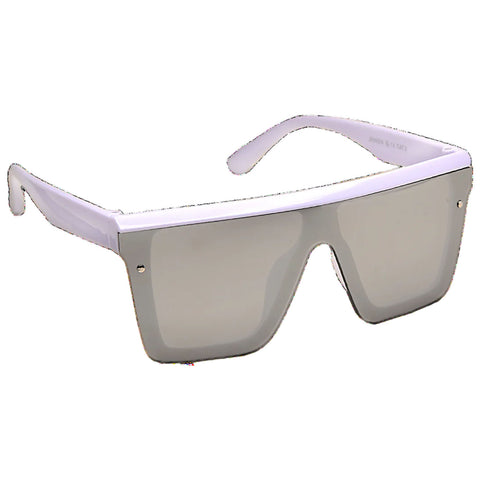 Sunglasses with a large rectangular design feature gray tinted lenses and a white frame resting against a plain background suggesting a focus on fashionable eyewear suitable for outdoor use.