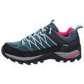 A pair of outdoor shoes features a dark teal upper with black accents and pink highlights laced with light blue cords designed for rugged terrain with a textured sole for grip.