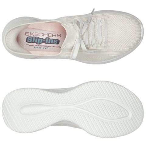 A pair of white Skechers slip-on shoes is displayed showing a textured upper with laces and a cushioned insole labeled "Air-Cooled Memory Foam" in a clean white background.