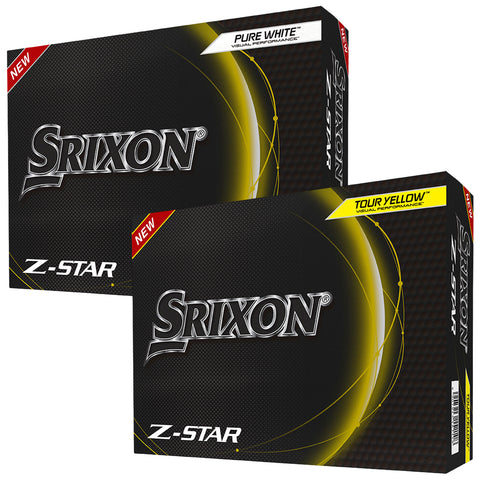 Two boxes of Srixon Z-Star golf balls are displayed side by side the top box is labeled Pure White and the bottom is labeled Tour Yellow both boxes feature a black background with yellow accents