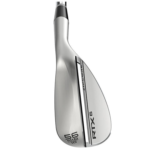 A golf wedge with a sleek metallic finish is positioned to show its angled face the branding ZIPCORE and RTX 6 are visible along with a 56 degree marking indicating its loft.