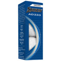 A blue and white golf ball box displays three Srixon AD333 balls inside with information on performance features including softness distance trajectory and construction in French text on the packaging