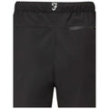 Black shorts with an elastic waistband featuring a logo and a zippered back pocket are displayed against a plain white background, highlighting their minimalist design and practical features.