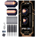 A dart set featuring multiple black steel tips and flight sets with a Saturn design is displayed alongside a tool for assembly and various rubber parts arranged on a sleek dark background.