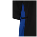 A black and blue athletic shirt is displayed partially cut away with a velcro strap seen on the blue section indicating potential functionality or adjustment in a sporty context.