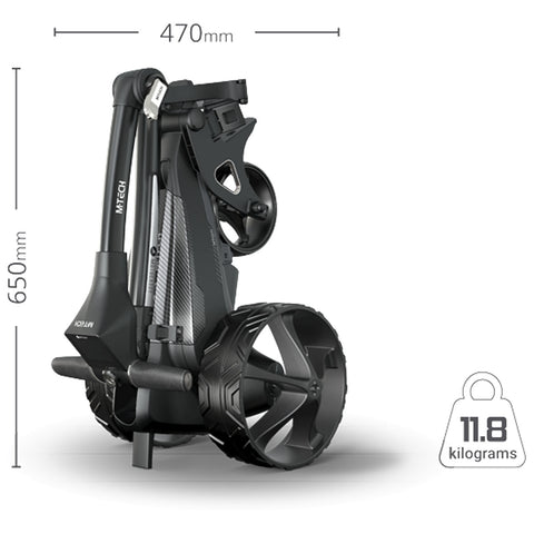 A folded golf trolley stands upright showcasing its compact design. It has large wheels for mobility and is labeled with dimensions of 470mm width and 650mm height along with a weight of 11.8 kilograms.