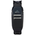 A black golf bag stands upright showcasing multiple pockets with zipper closures and a logo. It features a waterproof design suitable for outdoor use on golf courses.