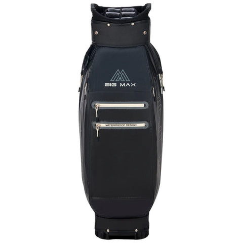 A black golf bag stands upright showcasing multiple pockets with zipper closures and a logo. It features a waterproof design suitable for outdoor use on golf courses.