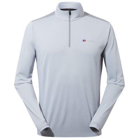 A light gray long-sleeve athletic shirt is displayed with a half-zip collar and long sleeves. It is designed for sports or casual wear in a neutral background.