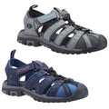 Two pairs of outdoor sandals are displayed side by side. The top pair is gray with blue accents while the bottom pair is navy blue. Both feature a strap design and rubber soles.