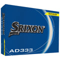 A blue box featuring the Srixon logo holds golf balls labeled AD333 with the tagline Tour Yellow for enhanced visibility placed against a textured background.