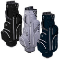 Three golf bags are displayed in black gray and navy blue colors positioned upright showing multiple zippered pockets and an organized top for club storage against a plain white background