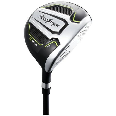 A golf club head is depicted angled slightly, featuring a sleek silver and black design with green accents. It is designed for precision striking on a golf course.