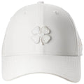 A white cap featuring an embroidered four-leaf clover design at the front is positioned in a neutral background highlighting its clean and simple aesthetic.