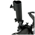 A black fishing rod holder mounted on a device with adjustment knobs is positioned for securing a fishing rod in place within a seamless white background.