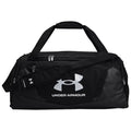 A black duffel bag with two handles and a shoulder strap displays a prominent white Under Armour logo on its side while zippers and compartments provide functional storage options.