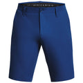 Navy blue shorts are displayed featuring a smooth texture with a single button closure and belt loops designed for casual or athletic wear in an indoor setting.