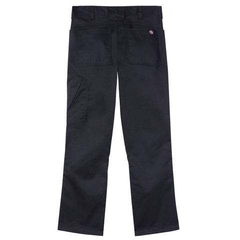 Black pants are laying flat showcasing a straight leg design with multiple pockets including rear and side pockets indicating utility in everyday wear or work contexts.