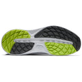 Shoe sole features a textured design with areas of green and gray providing traction for performance in sports, displayed against a neutral background highlighting its functional aspects.