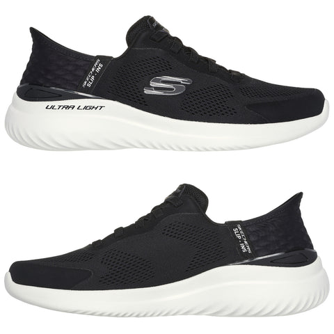 Black athletic shoes with a sleek design feature breathable mesh upper and thick white sole. They are positioned to showcase both sides, highlighting their lightweight construction and cozy fit.