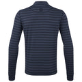 Long-sleeved shirt is displayed featuring a striped pattern in various shades of dark blue with a logo near the collar in an isolated setting typically used for product showcase.