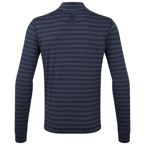 Long-sleeved shirt is displayed featuring a striped pattern in various shades of dark blue with a logo near the collar in an isolated setting typically used for product showcase.