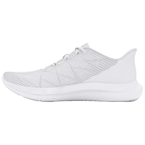 A white athletic shoe features a textured upper and a smooth, cushioned sole showcasing a streamlined design placed against a neutral background emphasizing its lightweight structure.