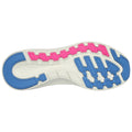 A shoe sole features a white base with blue and pink patterned rubber segments designed for traction and support positioned against a neutral background enhancing visibility and focus on the design.