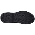 A black shoe sole displays detailed tread patterns designed for traction showcasing angular shapes and grooves indicating its use for outdoor activities on various terrains.