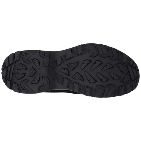 A black shoe sole displays detailed tread patterns designed for traction showcasing angular shapes and grooves indicating its use for outdoor activities on various terrains.