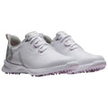 White athletic shoes with a textured design feature a light lavender sole and laces while positioned side by side against a plain background showcasing their modern style and functionality.