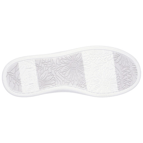 A white shoe insole features a floral design with raised patterns and texture indicating its intended comfort and aesthetic appeal in a casual footwear context.