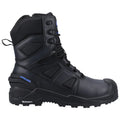 A black high-top boot features a sturdy sole and protective toe cap. It is designed for rugged terrain with a mix of textile and synthetic materials, suitable for outdoor activities.