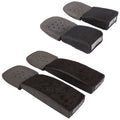 Two pairs of ergonomic footrests are arranged, one set in gray foam and one in black mesh, designed for comfort while sitting, displayed against a neutral background.