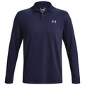 A dark navy long-sleeved polo shirt is displayed with a three-button placket and a small logo on the upper left side. The fabric appears smooth and is likely made for casual wear.