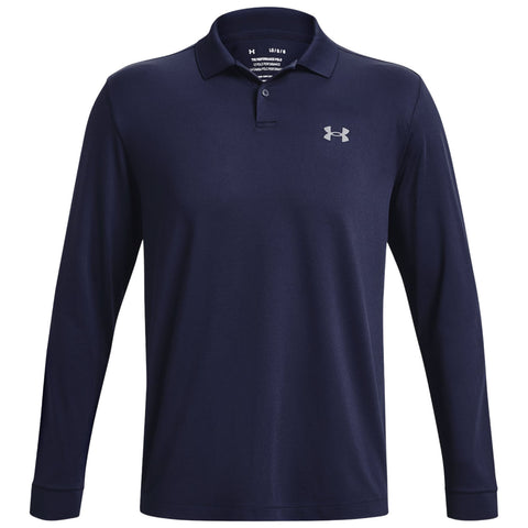 A dark navy long-sleeved polo shirt is displayed with a three-button placket and a small logo on the upper left side. The fabric appears smooth and is likely made for casual wear.