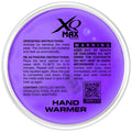 Hand warmer is circular and purple containing a metal plate inside. Instructions on activating and reactivating it are provided along with warnings about safety and contents.