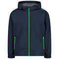 A navy blue jacket with a hood features vibrant green zippers and detailing the jacket is designed for outdoor wear and offers protection against wind and rain.