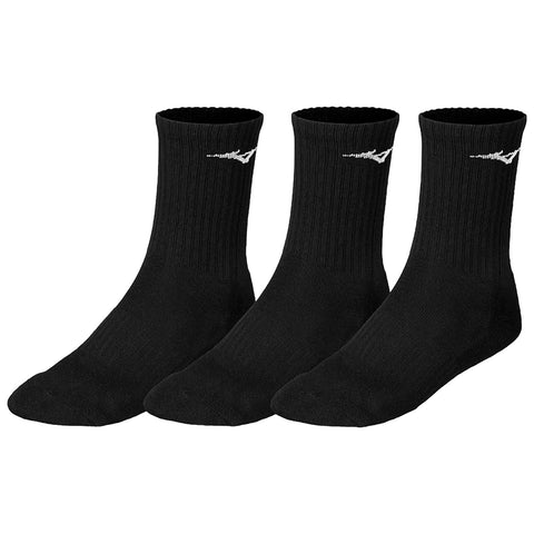 Three pairs of black socks are displayed side by side standing upright showcasing their ribbed texture and ankle length feature. The background is plain and neutral colored.