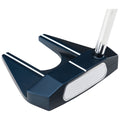 A blue and silver golf putter rests on a flat surface featuring a wide head design and a textured face for improved ball contact and precision during putting actions on the golf green.