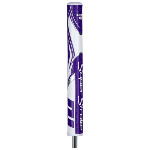 A golf putter grip is displayed vertically with a purple and white design featuring the text SuperStroke and other branding elements on a bright background.